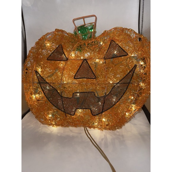 Vintage 14" Halloween Spun Spaghetti Pumpkin Jack-O-Lantern Lights Tested - Picture 2 of 8
